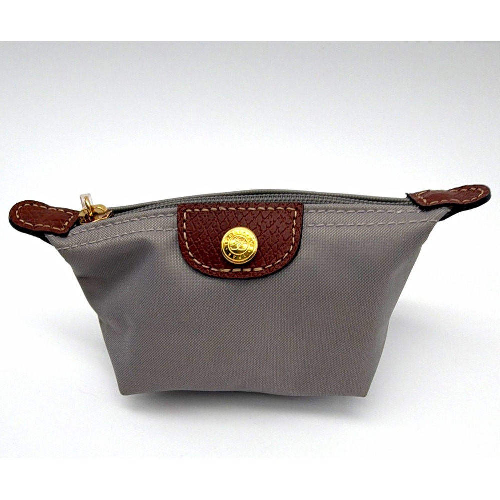 Longchamp Le Pliage Dumpling Gray Nylon Coin Purse Leather Trim Zipper